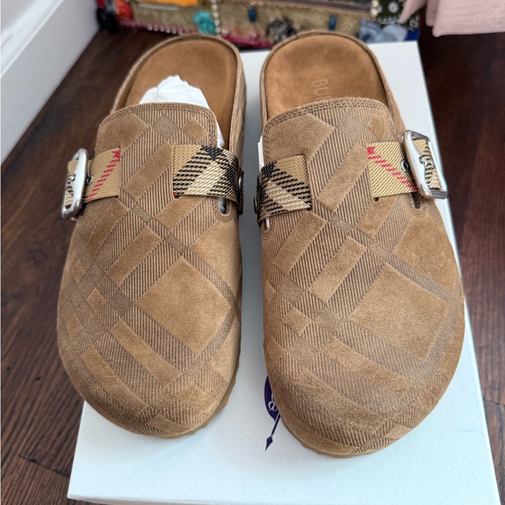 Burberry Tan Plaid Mules